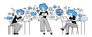 Çevrimiçi iş takım çalışması konsepti vektör taslağı çizimi, uzaktan çalışan sanal serbest çalışanlar veya uzaklık üzerinde çalışan çalışma ekibinin bir parçası.