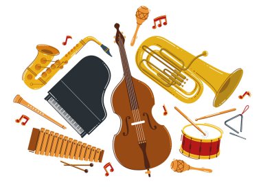 Klasik müzik aletleri kompozisyon vektör düz çizim beyaz, klasik orkestra akustik ses, konser veya festival, müzik aletlerinin çeşitliliği izole.