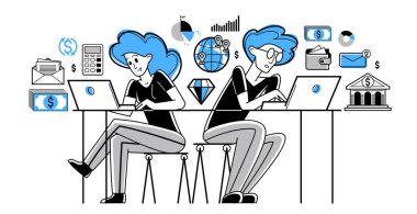 Busy business team working on some commercial project online vector outline illustration, entrepreneurs analyzing virtual financial data, e-business teamwork.