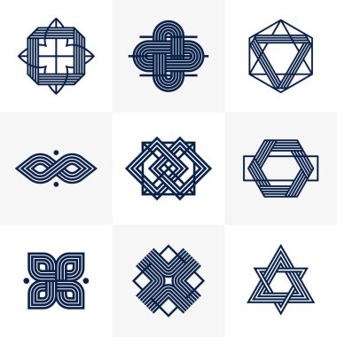 Logo oluşturma için grafik tasarım ögeleri, iç içe geçmiş çizgiler vintage biçim simgeleri koleksiyonu, soyut geometrik doğrusal semboller vektör kümesi.