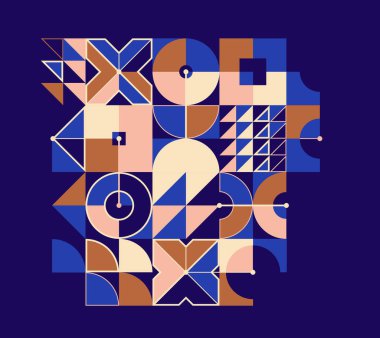 Bauhaus stili soyut geometrik vektör arkaplanı üzerinde karanlık, geometrik soyut sanat etnik renklerde, renkli sanatsal desen kompozisyonu.