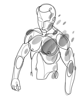Athletic man torso vector linear illustration, male beauty with perfect muscular fit body posing, artistic drawing of fitness model.