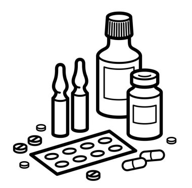İlaç temalı ilaç temalı ilaç şişeleri haplar ve ampule 3d vektör illüstrasyonu izole, ilaçlar ve uyuşturucular, sağlık ilaçları karikatürü, vitaminler veya antibiyotikler, basit doğrusal tasarım.