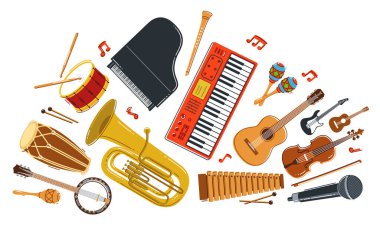 Müzik orkestrası çeşitli enstrümanlar vektör düz illüstrasyon beyaz zemin, canlı müzik konseri veya festival, müzik grubu veya orkestra çalıyor ve şarkı söylüyor.