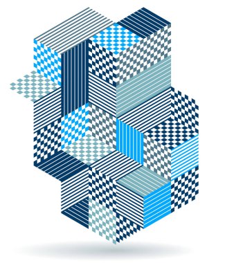 Küpleri ve farklı ritmik şekilleri olan mavi vektör soyut geometrik arkaplan, şehir binalarını gösteren izometrik üç boyutlu soyutlama sanatı, op sanatına benziyor..