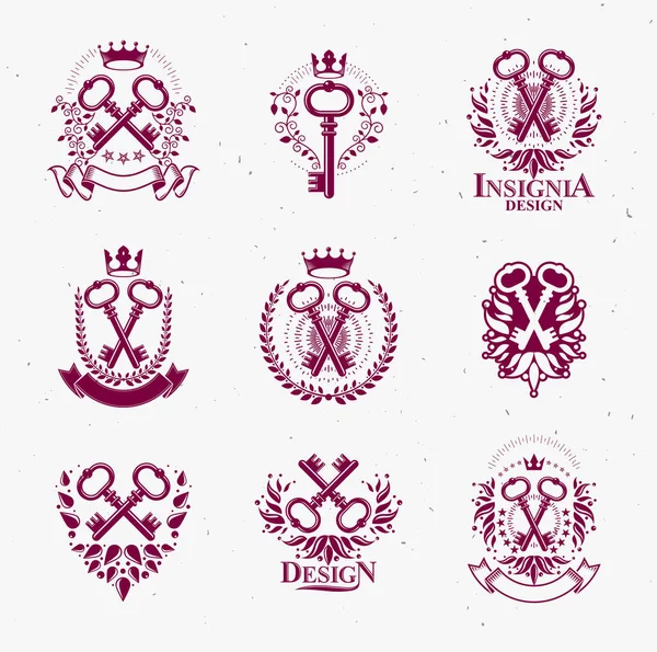 Logos Emblèmes Vectoriels Clés Vintage Éléments Conception Héraldique Grand Ensemble — Image vectorielle