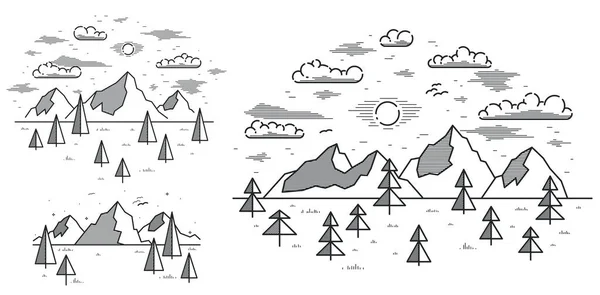 Cordillera Bosque Pinos Vector Lineal Ilustración Aislado Blanco Dibujo Arte — Vector de stock
