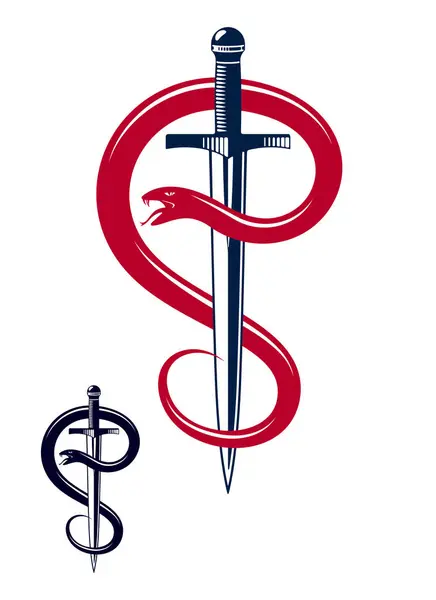 蛇和匕首 蛇缠绕着剑矢量的古老纹身 生命是一个战斗的概念 寓言的标志或古老符号的标志 — 图库矢量图片