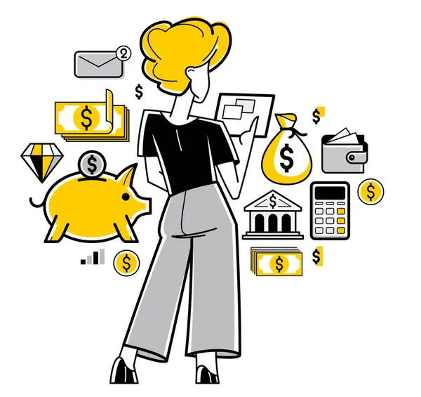 Woman Financier Working Finances Online Vector Outline Illustration Investment Tax — Stock Vector