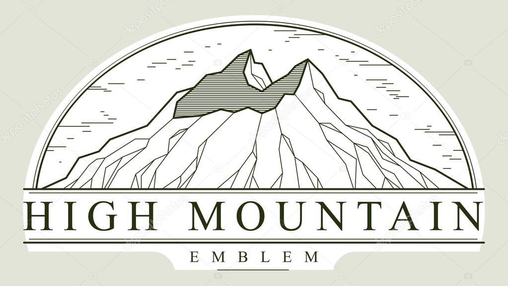 Mountain peaks line art vector emblem isolated on white, linear logo of mountains range wild nature landscape, outdoor hiking camping ant travel label.