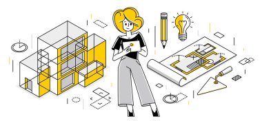 Construction engineer working on a project, building architecture designer vector outline trendy illustration, professional in a work line drawing. Occupation builder architect.