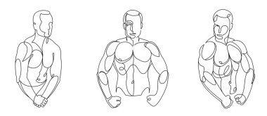 Athletic man torso vector linear illustrations set, male beauty with perfect muscular fit body posing, artistic drawings of fitness model.