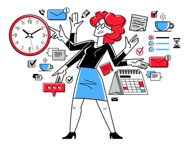 Time management vector outline illustration, worker planning deadline and prioritize tasks, business productiveness agenda, zero hour.