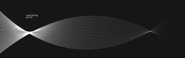 Pürüzsüz ve rahatlatıcı şekil vektörü soyut arkaplan siyah üzerinde akan parçacık dalgası, hareket halindeki eğri çizgiler, sakin ve yumuşak resim çizgileri.