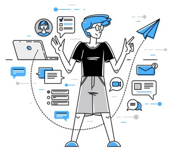 Support center worker is giving advices and consulting customers vector outline illustration, client care consultant is checking feedback, online assistant.