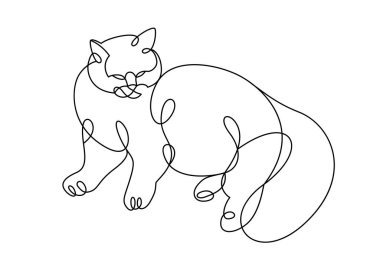 Nice cute cat linear vector illustration, line art drawing of pussycat relaxing, artistic outline minimal sketch of fat and lazy cat.