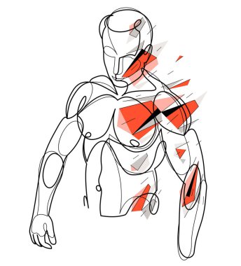 Linear drawing of a perfect body fit model man posing vector illustration isolated, muscular macho sexy guy with naked torso topless.