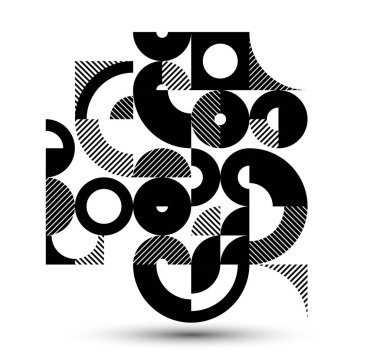 Soyut geometrik siyah ve beyaz vektör arkaplanı, daireli ve diğer şekilli modüler karo çizgili sanat, monokrom retro-artistik motif izole edilmiş.