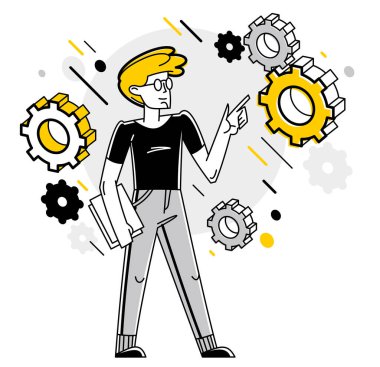 Mechanic engineer working on a draft plan vector illustration, inventor or repair job, engineering machine industry, system technician.