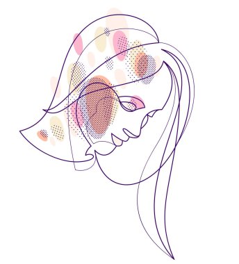 Woman beauty face vector linear illustration, delicate line art of attractive girl portrait, abstract feminine drawing minimal style isolated.