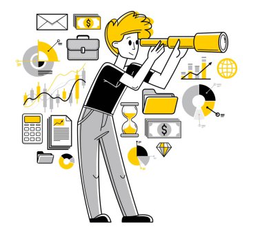 Business person looking for opportunities vector outline illustration, leader entrepreneur search for benefit in telescope, future strategy for commerce.