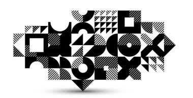 Geometrik soyut siyah ve beyaz sanat, dairelerin ve diğer şekillerin fayanslarıyla vektör geometrik arkaplan, çizgili doku modernizm tarzı doğrusal motif, yaratıcı tasarım.