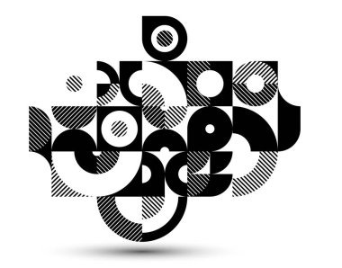 Geometrik soyut siyah ve beyaz sanat, dairelerin ve diğer şekillerin fayanslarıyla vektör geometrik arkaplan, çizgili doku modernizm tarzı doğrusal motif, yaratıcı tasarım.