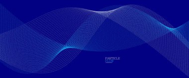 Koyu mavi parçacıklar akış vektör tasarımı, dalgalı noktalar dizisi ile soyut arkaplan, dijital fütüristik illüstrasyon, nano teknoloji teması.