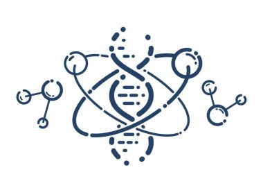 DNA ipliği ve atom vektörü basit doğrusal ikon, bilim biyolojisi ve biyoteknoloji çizgisi sanat sembolü, kimya laboratuvarı araştırması.