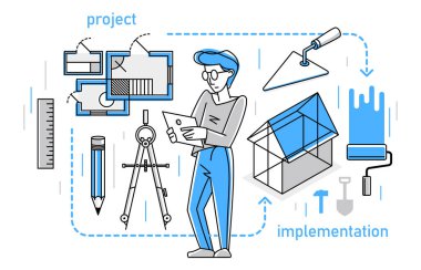 Construction engineer working on a project, building architecture designer vector outline trendy illustration, professional in a work line drawing. Occupation builder architect.