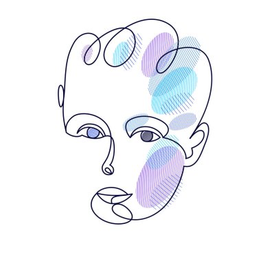 Portrait of a young child boy linear vector illustration isolated, toddler kid artistic line art drawing.