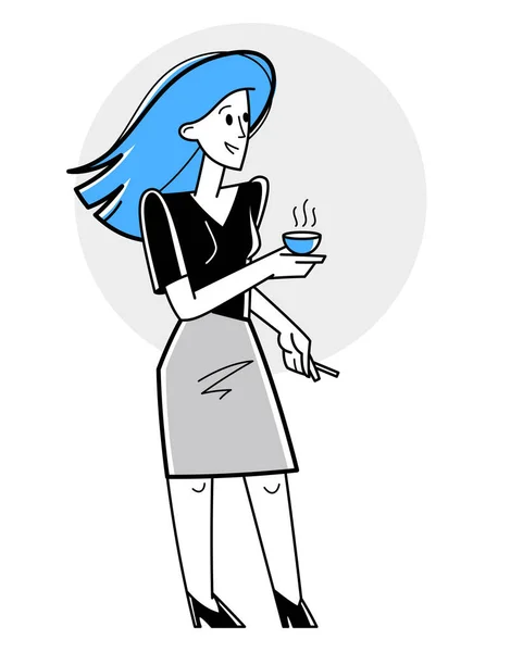 コーヒーブレークベクターを持っている若い女性の概要イラスト — ストックベクタ