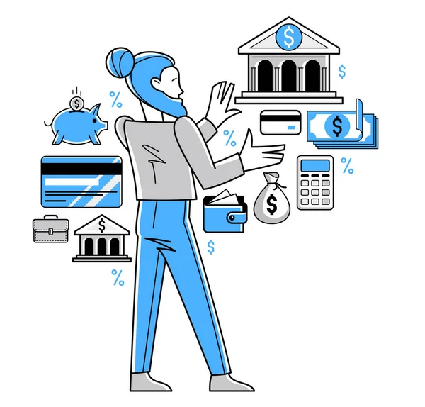 Banking Vector Outline Illustration Manager Working Finances Customer Manages His — 图库矢量图片