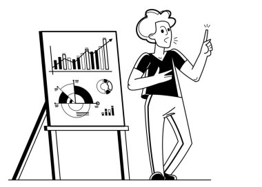 Business training vector outline illustration, coach instructor teaches people in a seminar conference about business and finance, skill-up.