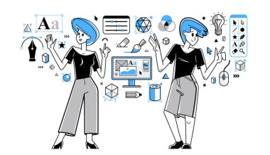 Bazı yaratıcı proje vektör çizimi çizimi üzerinde çalışan grafik tasarımcıları ekibi, bilgisayar yazılımı, düzenleme ve düzenleme üzerine bazı görsel iş yapan dijital sanatçılara ilham verdi.