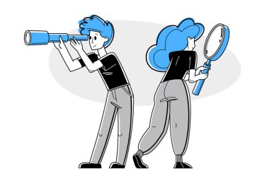 Young people looking in spyglasses and making some inquiry and collecting data for analysis, vector outline illustration, exploration and research for business or science.