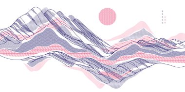 Soyut oryantal Japon sanat vektörü arka planı, geleneksel tarz tasarımı, dalgalı şekiller ve dağlık arazi, deniz hatları gibi akışkan..