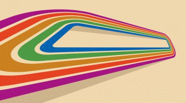 Gökkuşağının her renginde eğri çizgileri olan Retro biçimi soyut arkaplan, 3D boyut yetmişinci vektör sanatı.