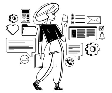 Phone working online person doing some job vector outline illustration, smartphone remote virtual working freelancer or a part of coworking team.