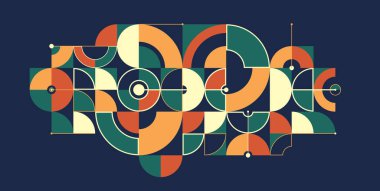 Etnik renklerde soyut geometrik sanatsal arka plan, daire üçgenleri ve çizgilerle renkli Bauhaus tarzı duvar kâğıdı, koyu renk üzerinde desen çizimi.