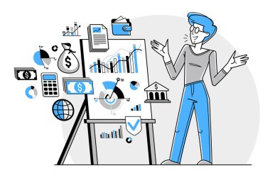 Business training vector outline illustration, coach instructor teaches people in a seminar conference about business and finance, skill-up.