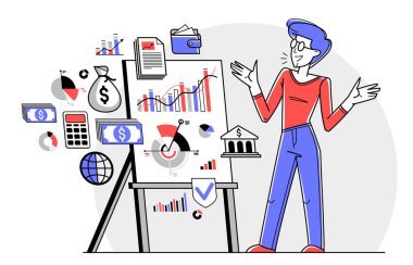 Business training vector outline illustration, coach instructor teaches people in a seminar conference about business and finance, skill-up.