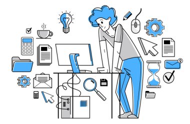 Intellectual worker making analysis of some data on pc or web, data systematization, collecting and analyzing information, vector outline illustration