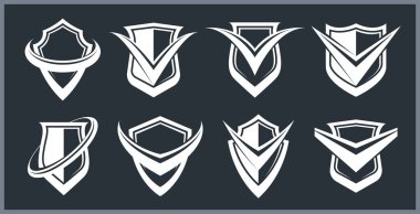 Set of different designs of shields for branding, ammo protection symbols collection, antivirus or sport theme, insurance or guarantee.