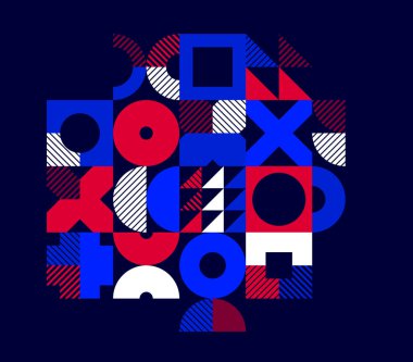 Karanlık üzerinde soyut geometrik çizgili vektör arka planı, dairelerin doğrusal şekilleri ve üçgen şablon bileşimi, kırmızı ve mavi yaratıcı sanat soyutlaması.