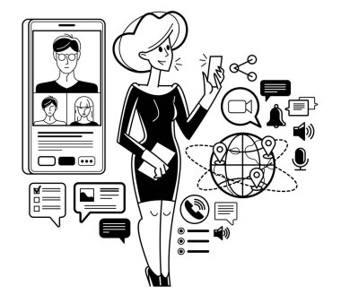 Video chat, young people are speaking remote about business and work, vector outline conference, online chatting team of workers, online conference webinar.