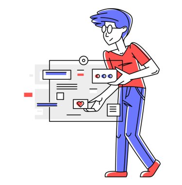 Intellectual worker making analysis of some data on pc or web, data systematization, collecting and analyzing information, vector outline illustration.