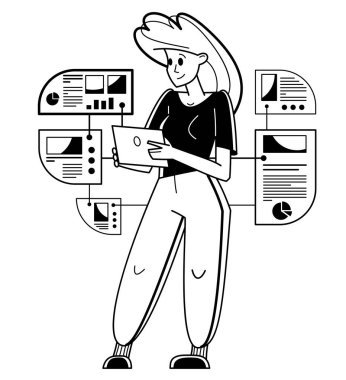 Data systematization, collecting and analyzing information, woman intellectual worker making analysis of some data on pc or web, vector outline illustration.