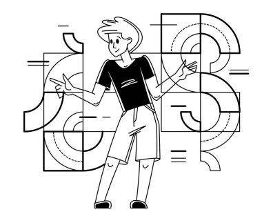 Creative worker doing some job and creating some system, inspired inventive designer or engineer composing abstract elements, vector outline illustration.