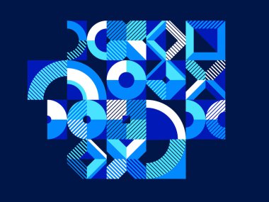 Karanlık, vektör geometrik çizgili desen üzerinde geometrik arkaplan bileşimi, daireler ve üçgenlerle modüler fayanslar, moda grafik sanat bileşimi.